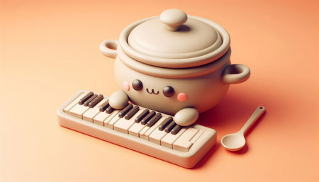 Kawaii ceramic pot on keyboard and spoon on orange background.の素材