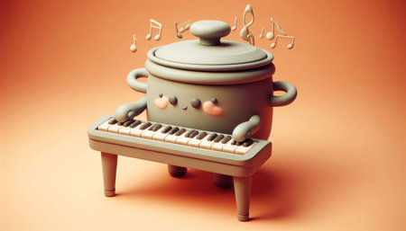 3d rendering of a clay pot with a piano on an orange backgroundの素材