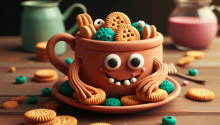Cute cup with funny cookies on wooden table, closeup. Delicious dessertの素材