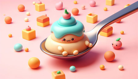 3d render of a spoon with kawaii ice cream and colorful candiesの素材