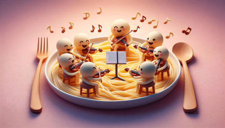 Funny little people playing the violin in a plate of pasta.の素材