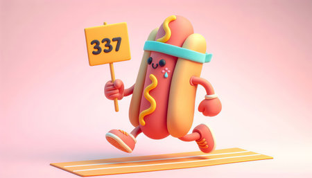 Hot Dog Cartoon Character with Street Sign. 3d Render Illustrationの素材