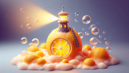 Lighthouse made of lemons and soap bubbles. 3d illustrationの素材