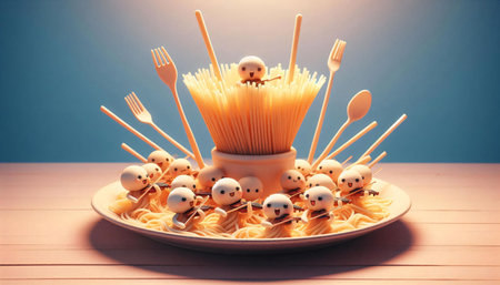 3d illustration of a halloween dinner table with a plate full of spaghetti, spoons and ghostsの素材