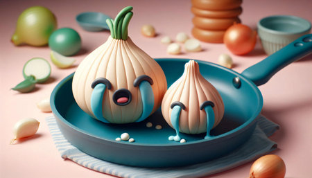 Creative food concept. Funny kawaii onion in pan on pink backgroundの素材