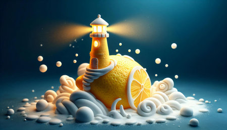Lighthouse made of lemon and milk on blue background. 3d illustrationの素材