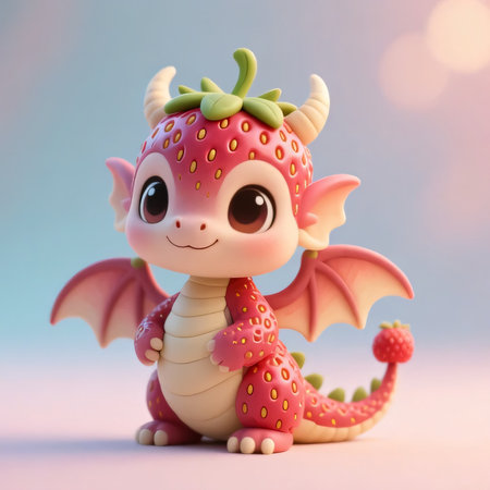 Funny plasticine dragon with strawberry on colorful background. 3d rendering.の素材