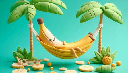 3d render of banana and pineapple in hammock on blue backgroundの素材