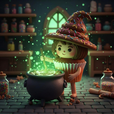 Cute little girl in a witch costume with a pot of magic potion. 3D rendering.の素材