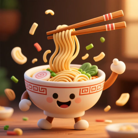Noodles in bowl with chopsticks. 3d illustration.の素材