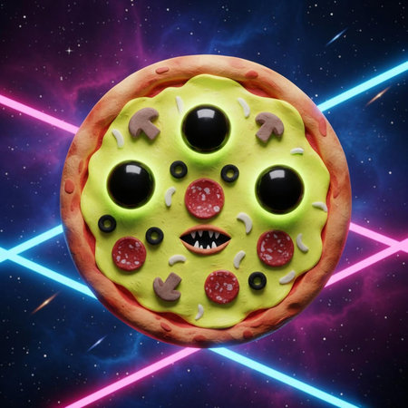 Pizza with eyes and smiley face on space background. 3D renderingの素材