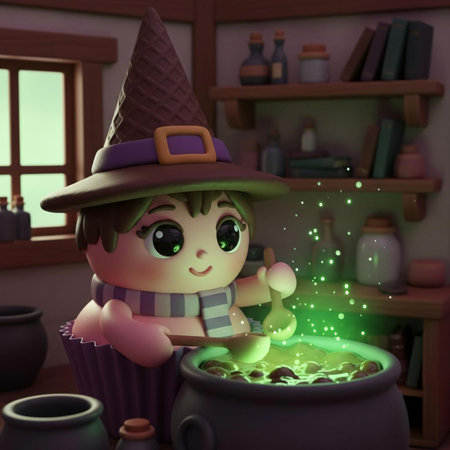 Cute witch with a pot full of magic potion. 3D rendering.の素材