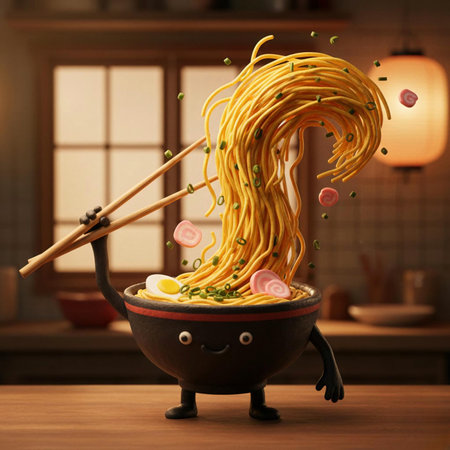 Noodles in pot with chopsticks on wooden table in kitchenの素材