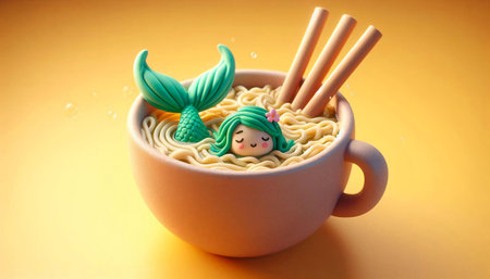 Mermaid in a cup of noodle soup with chopsticksの素材