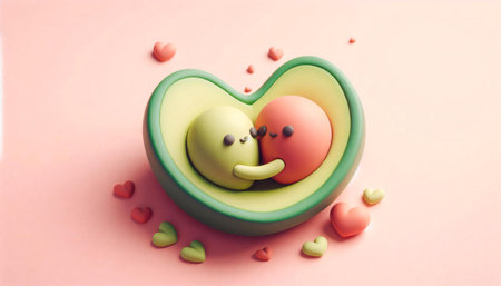 Valentine's day concept. Cute cartoon character in green bowl with hearts on pink background.の素材