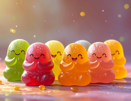 Colorful jelly candies with happy faces on bokeh backgroundの素材