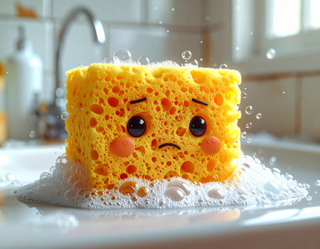 Funny face made of sponge in the kitchen sink with water dropsの素材