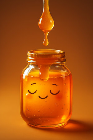 Honey dripping from a jar with a cute face on orange backgroundの素材