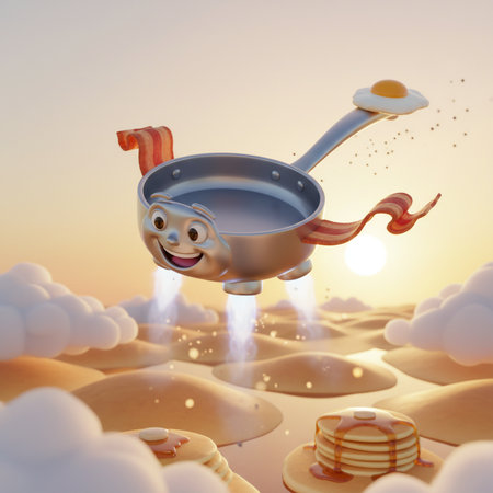 Funny pancake flying in the sky. 3d illustration.の素材