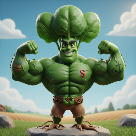 Vegetable superhero with big muscles and green leaves. 3d renderの素材