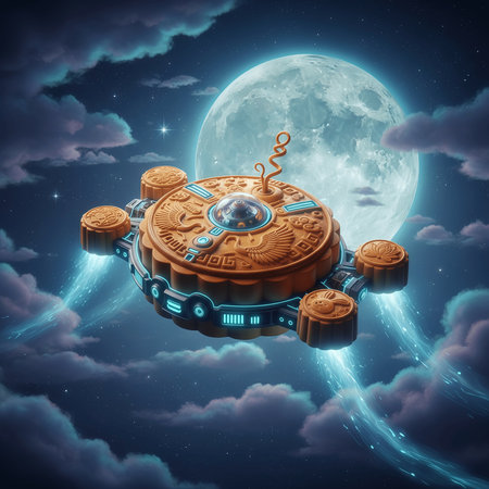 Futuristic UFO flying in the night sky. 3D renderingの素材