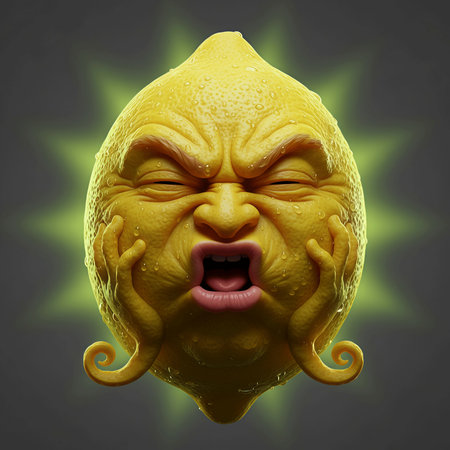 Angry lemon on a dark background. Emoticon. 3d illustrationの素材