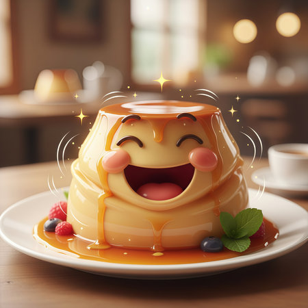Smiling caramel panna cotta with fruits and coffee on tableの素材