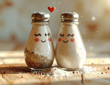 Salt and pepper shakers on a wooden background. Shallow depth of field.の素材