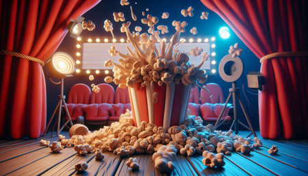 3d render of popcorn in front of red stage curtains and spotlightの素材