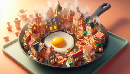 Fried egg in a frying pan with houses. 3d illustrationの素材