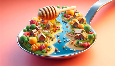 Honey in the spoon and village on the plate. 3d illustrationの素材