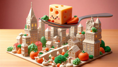 Plastic model of city with food on the spoon. 3d illustrationの素材