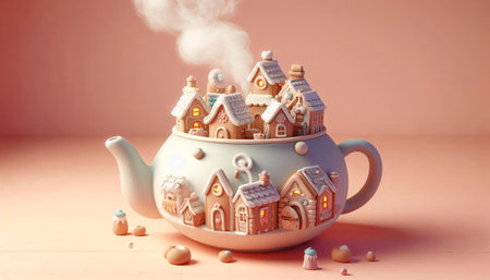 Ceramic teapot with gingerbread houses on a pink backgroundの素材