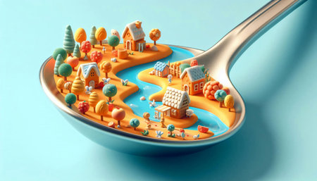 Miniature people on a spoon in the shape of a town.の素材
