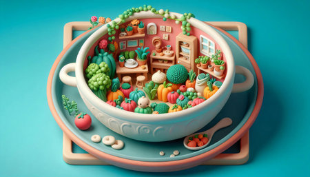 3d illustration of childrens toys in a bowl on a blue backgroundの素材