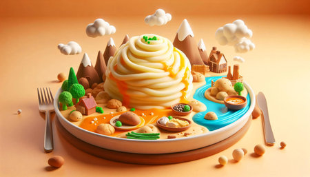 creative food in the form of a cake on an orange backgroundの素材