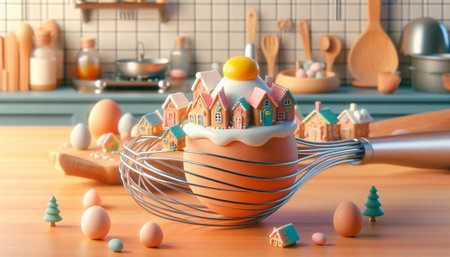 Eggs in the shape of a house with a whisk on the kitchen tableの素材