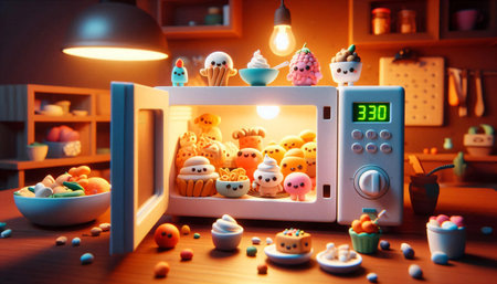 Cookies in microwave oven. Sweet food for kids. Halloween theme.の素材
