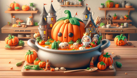 Halloween holiday concept with pumpkins in pot. 3d renderingの素材