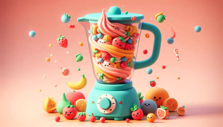 Mixer with colorful sweets and candies on pink background. 3d renderingの素材