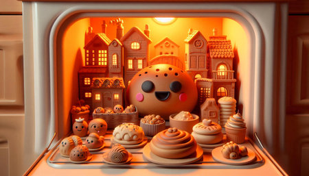 Halloween cookies in a fireplace. Halloween background. 3d renderの素材
