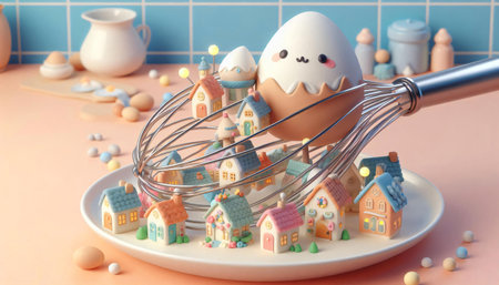 Eggs in the form of a house with a whisk for whipping eggs.の素材