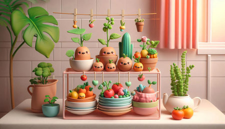 Easter decoration with eggs, fruits and vegetables. 3d renderの素材