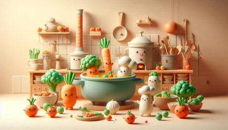 Funny children's room with vegetables and toys.3d renderingの素材