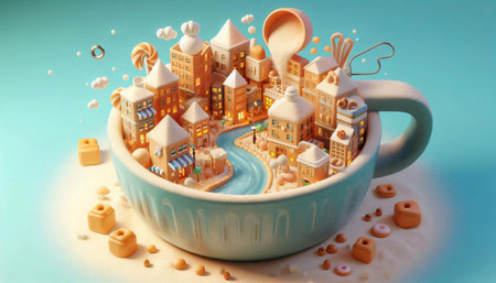 3d illustration of a small town in a cup of coffee.の素材
