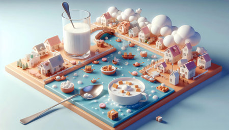 Miniature houses with a glass of milk on a blue background.の素材