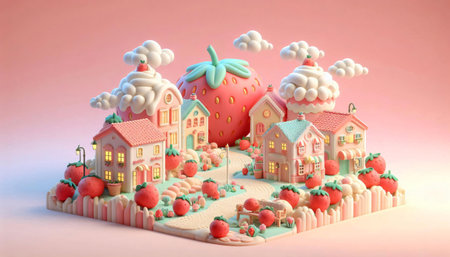 3d illustration of small houses and strawberries in the shape of a planetの素材