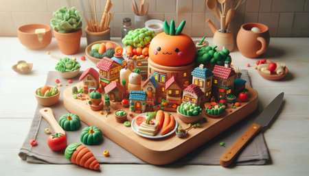 Halloween gingerbread house and vegetables on wooden table, close upの素材