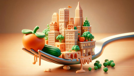 3d illustration of a city in a spoon with fruits and vegetablesの素材