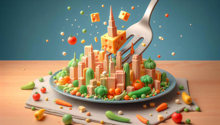 Futuristic city made of vegetables and fruits. 3d illustrationの素材